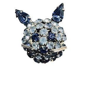 Warner Silver Tone With Two Tone Blue Glass Rhinestones Cat Head Brooch (5141)